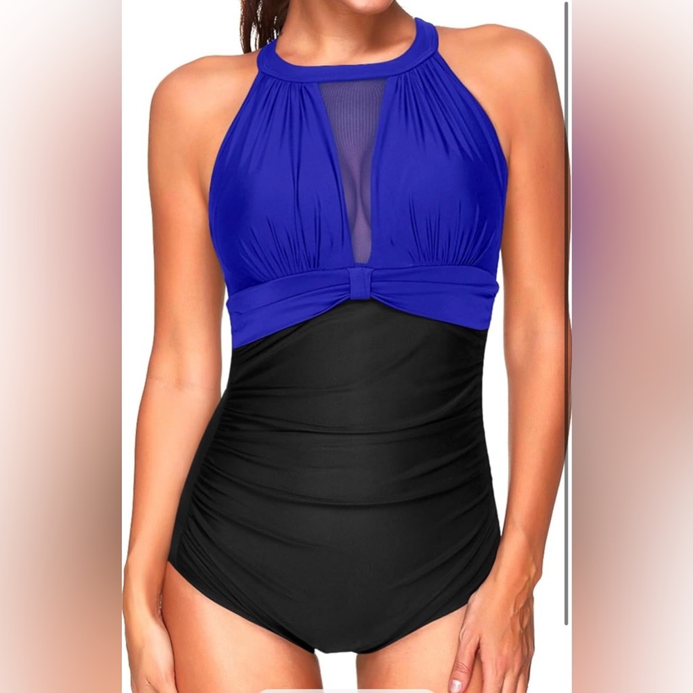 Tempt Me Women's Blue and Black Halter Swimsuit size 16W NWT